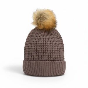 XETRA Cozy Waffle Knit Hat Brown Slouch Cuff Beanie Winter with Pom Pom One Size